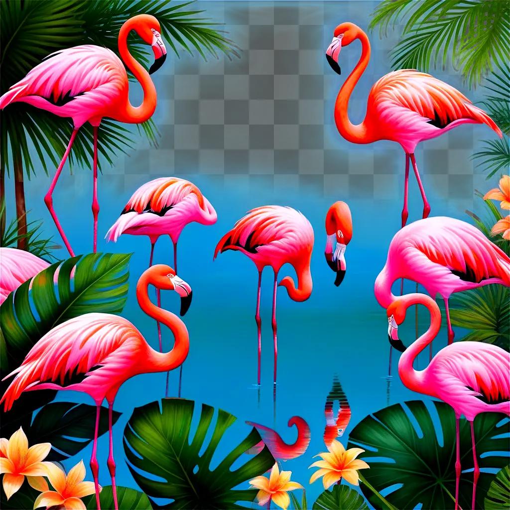 Flamingos with a blue background and palm trees