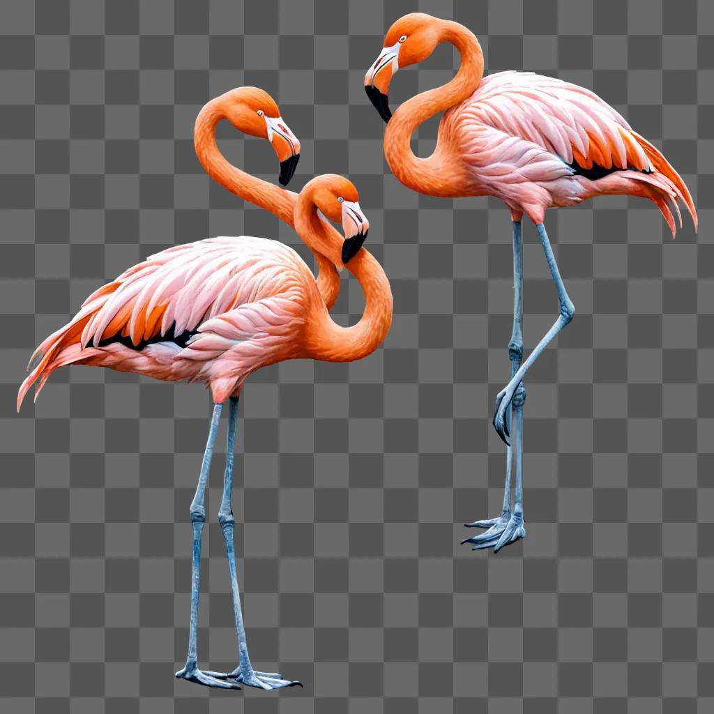 Flamingos with pink feathers and blue legs standing together