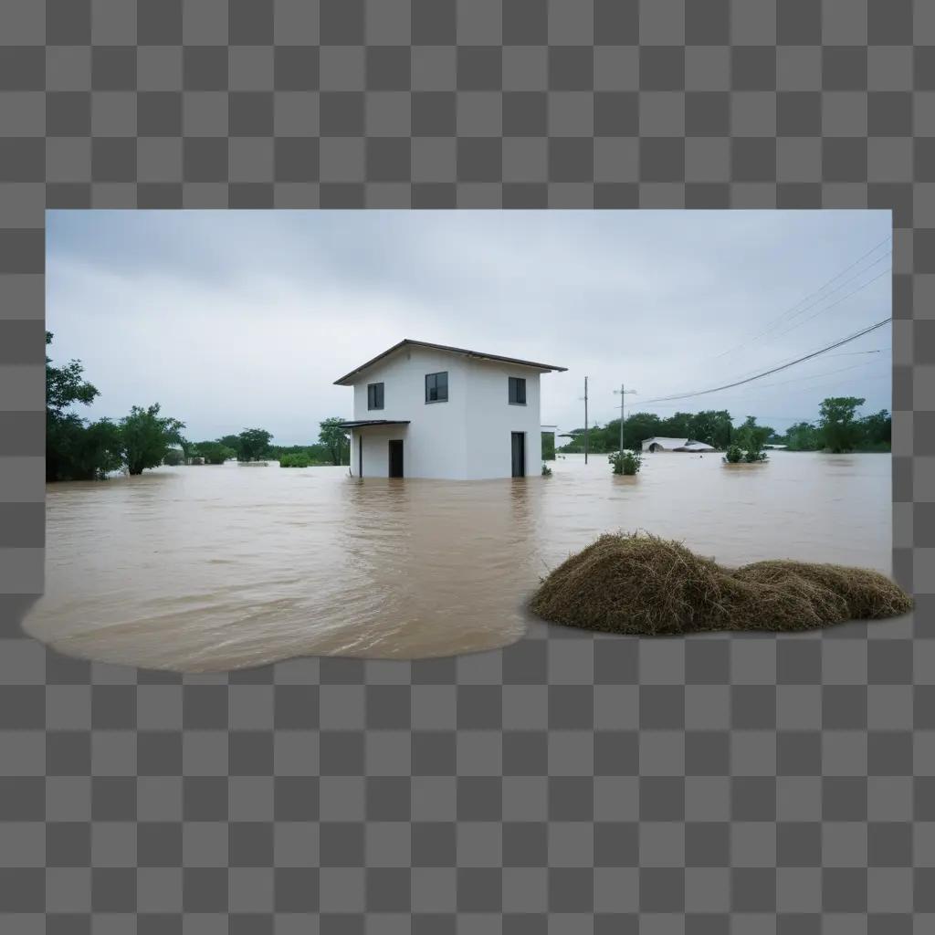 Flooded house with hay in the middle of the street