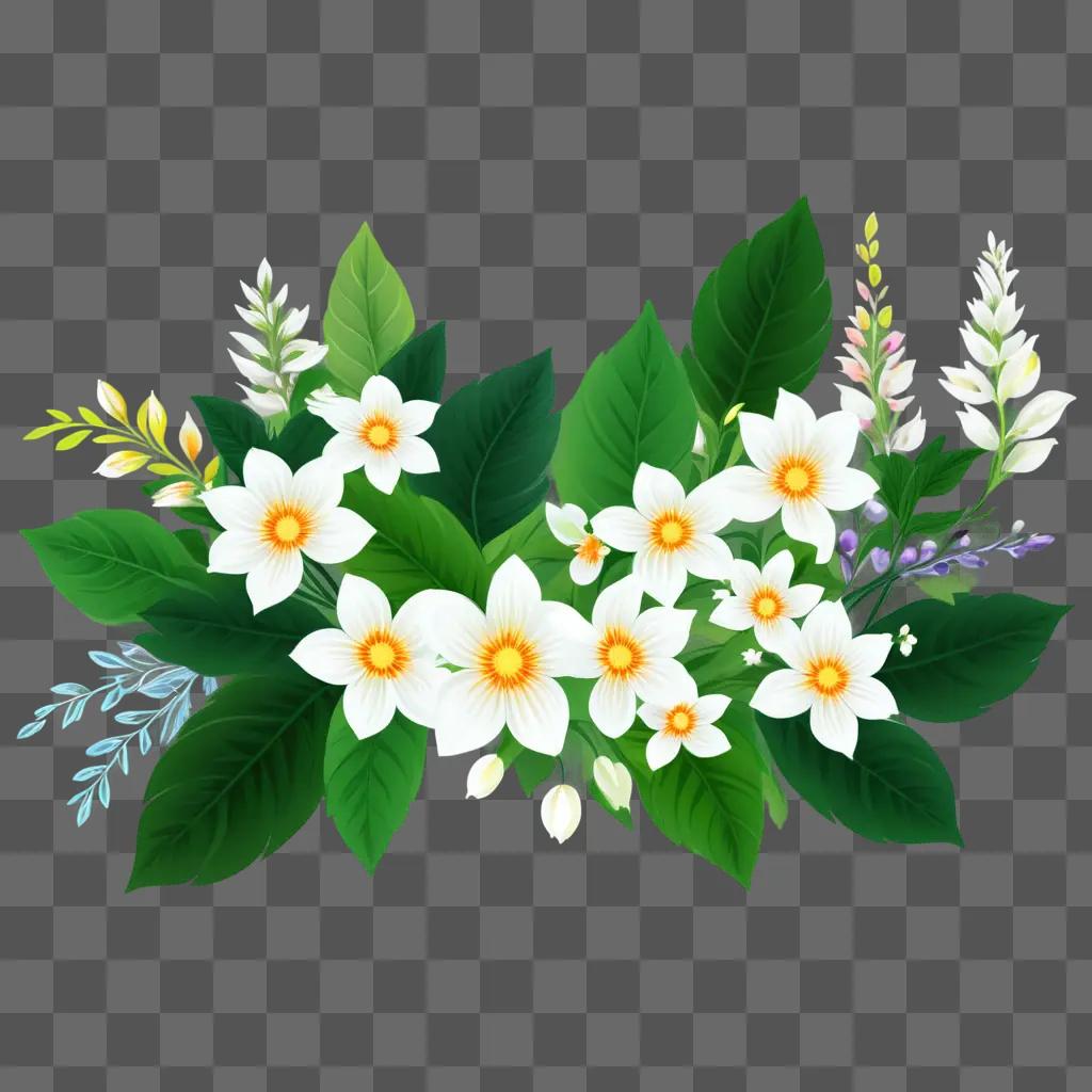 Floral clipart with green leaves and white flowers