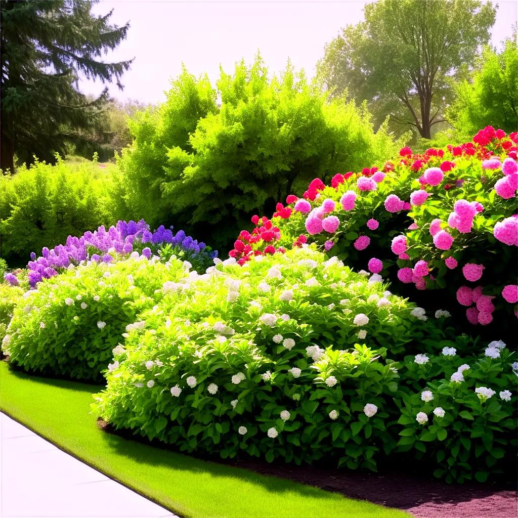 Flower bushes lining a sidewalk in a park