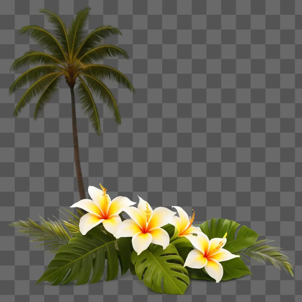 Flowers and palm trees on a green background