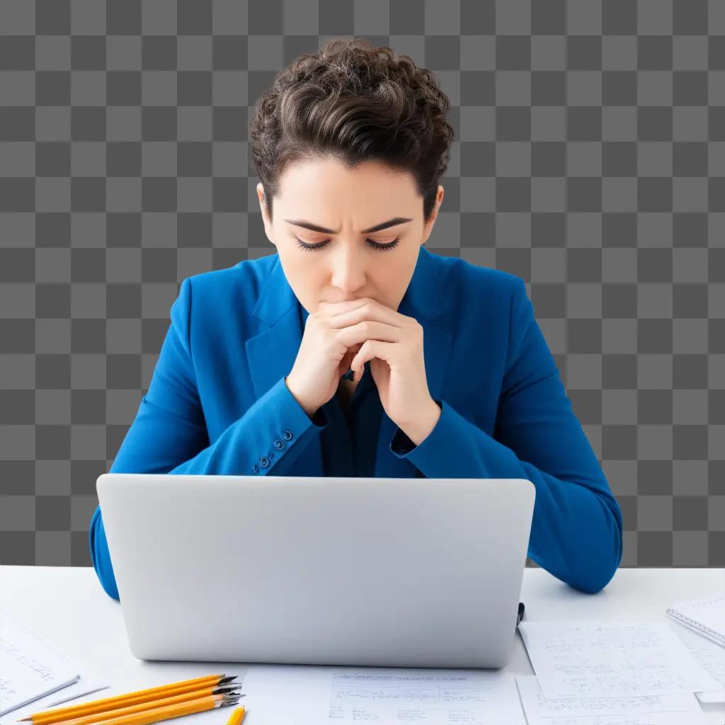 Focused woman in a blue jacket using a laptop