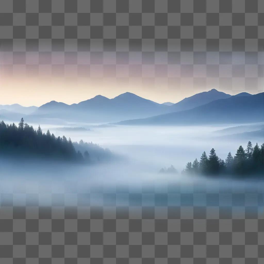 Foggy landscape with trees and mountains