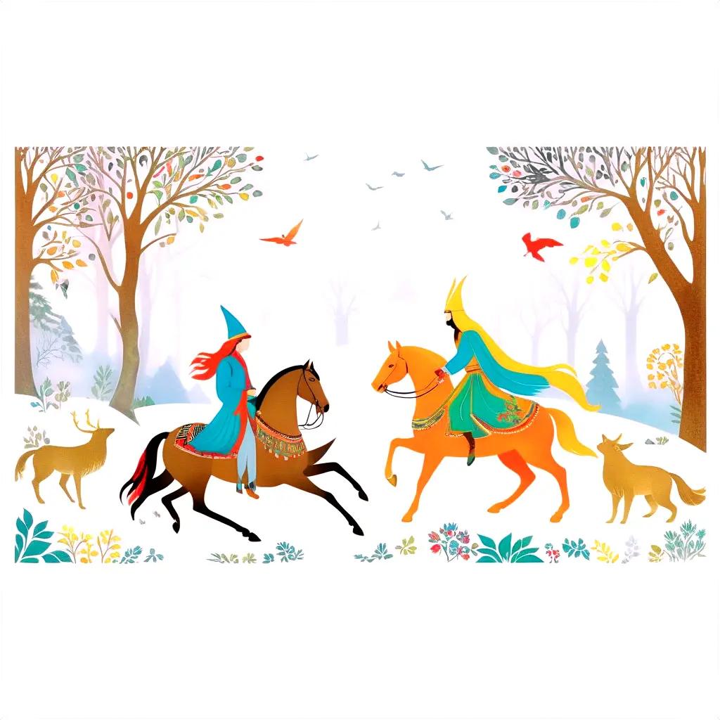 Folklore: Two riders on horses in a forest