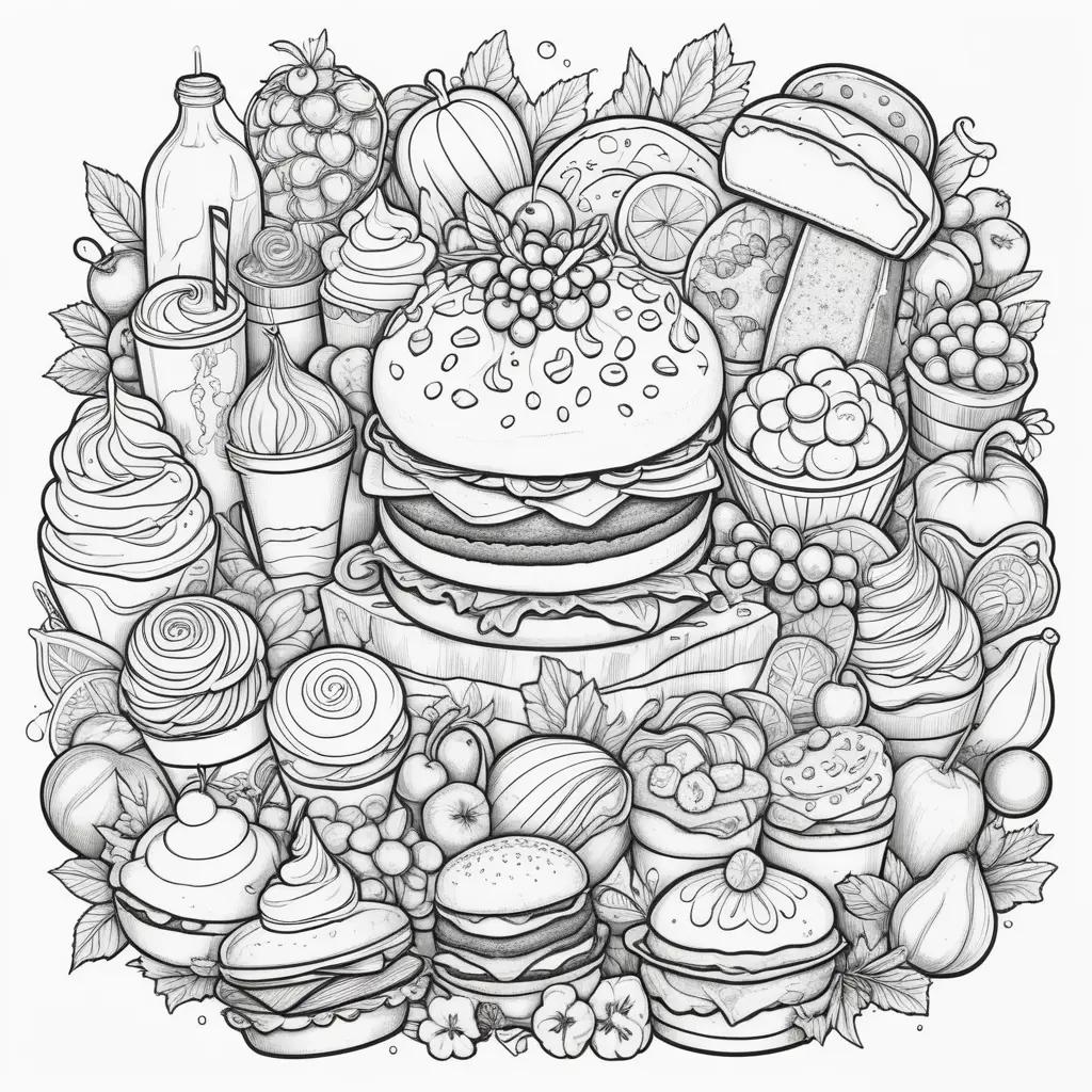 Food coloring page featuring a variety of items in a circle