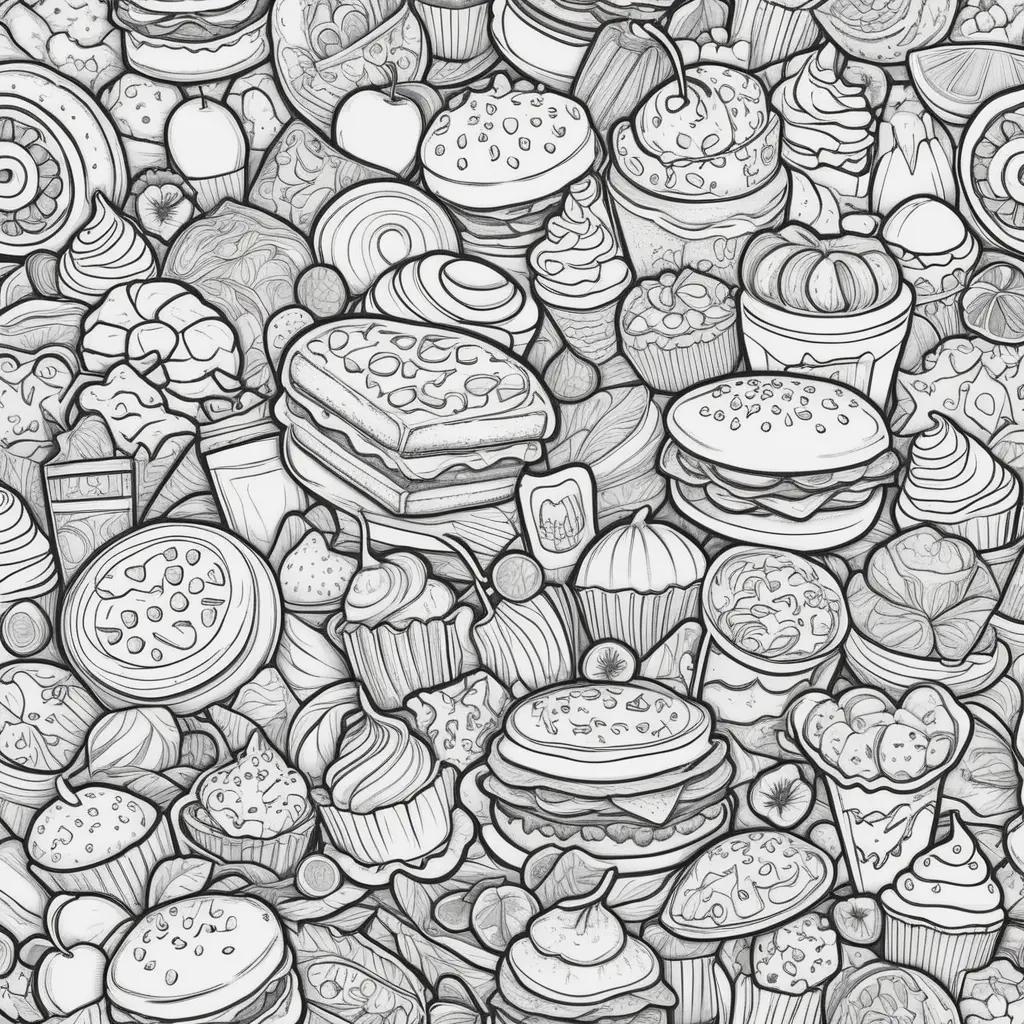 Food coloring page with a variety of different foods