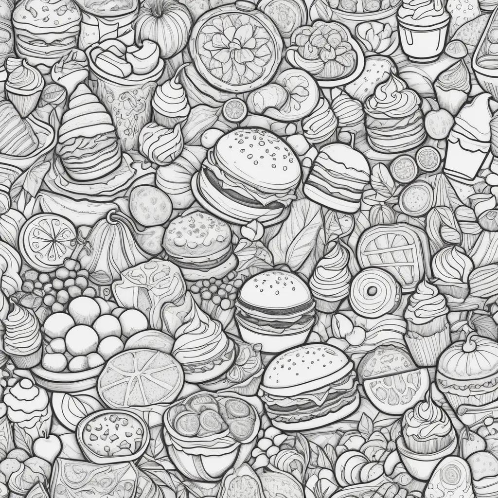 ハンバーガーやマフィンなど、さまざまなアイテムが並ぶ食品着色ページ