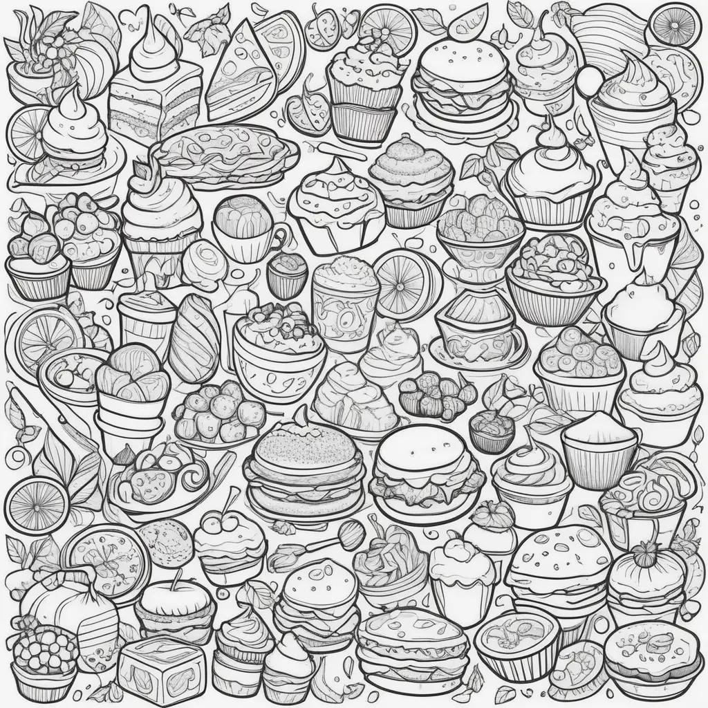 Food coloring page with different food items