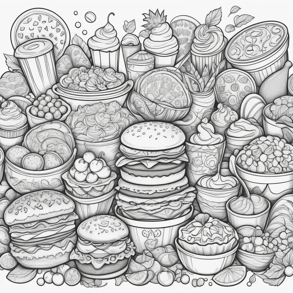 Food coloring page with hamburgers and pies