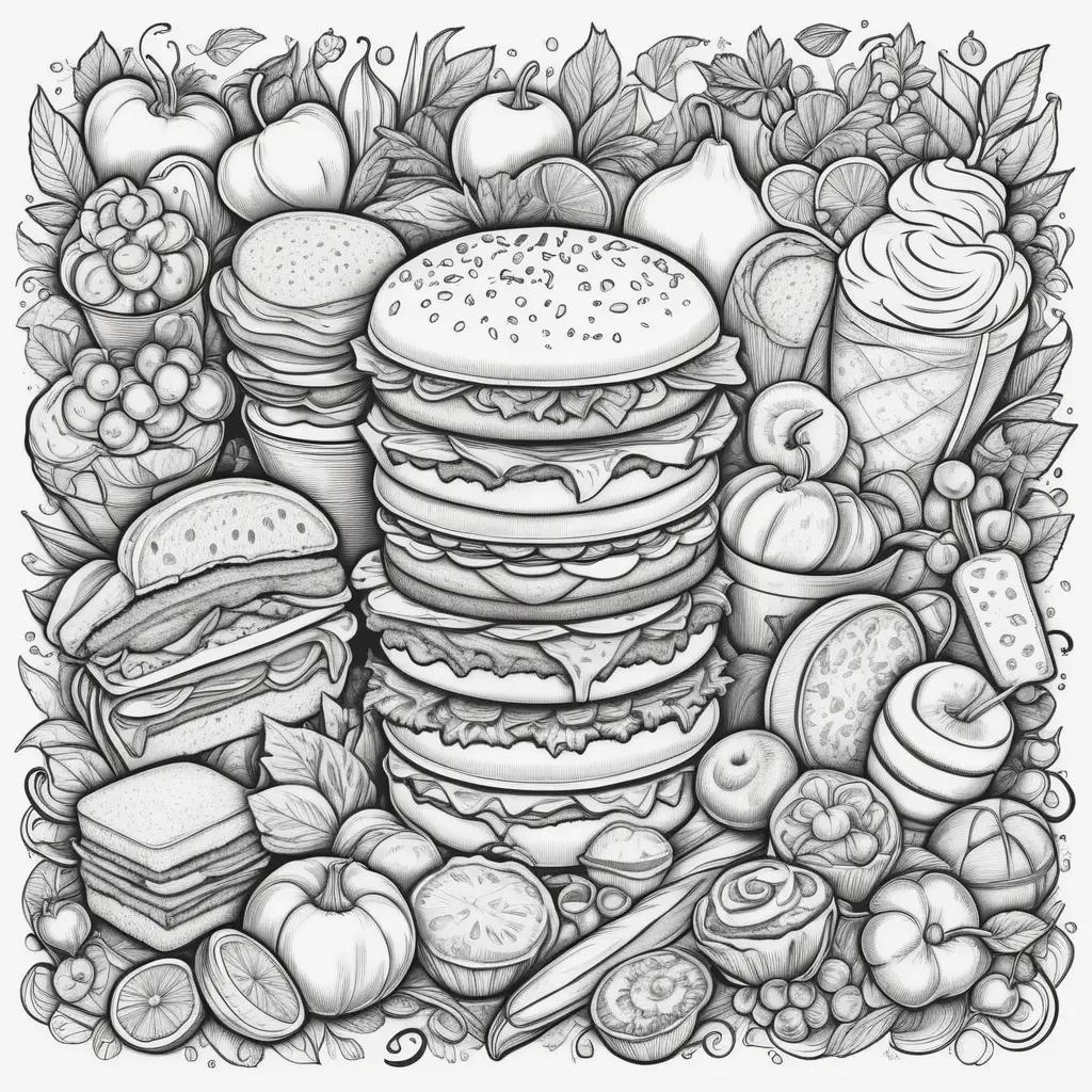 食品のぬりえページ:大きなハンバーガーとカップケーキの白黒の絵