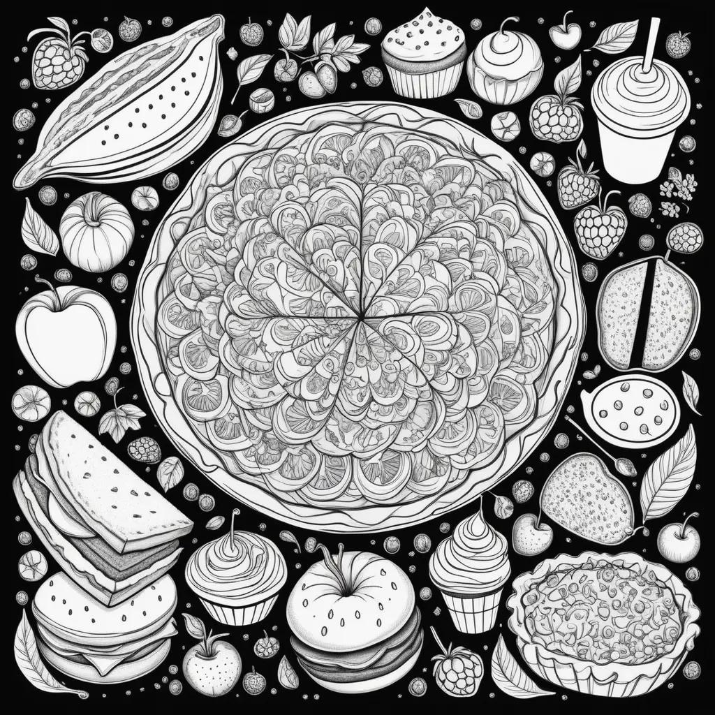 Food coloring pages feature a variety of fruit and pastries