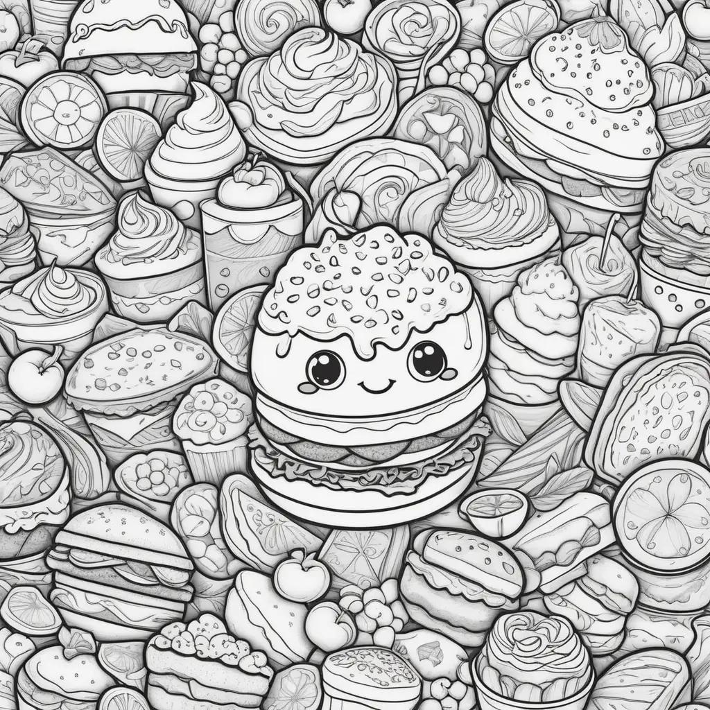かわいいハンバーガーとカップケーキをフィーチャーした食品の着色ページ