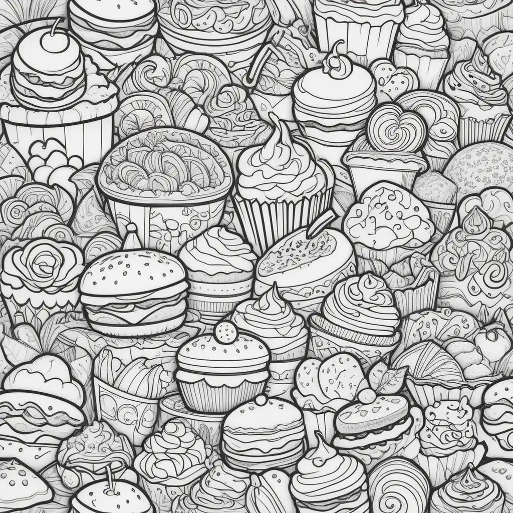 Food coloring pages show delicious desserts and snacks