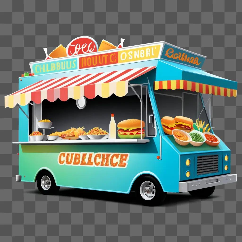 Food truck with colorful food and sign