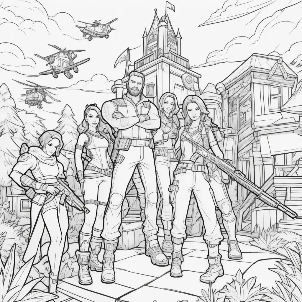 Fortnite Coloring Page: A group of soldiers in a town