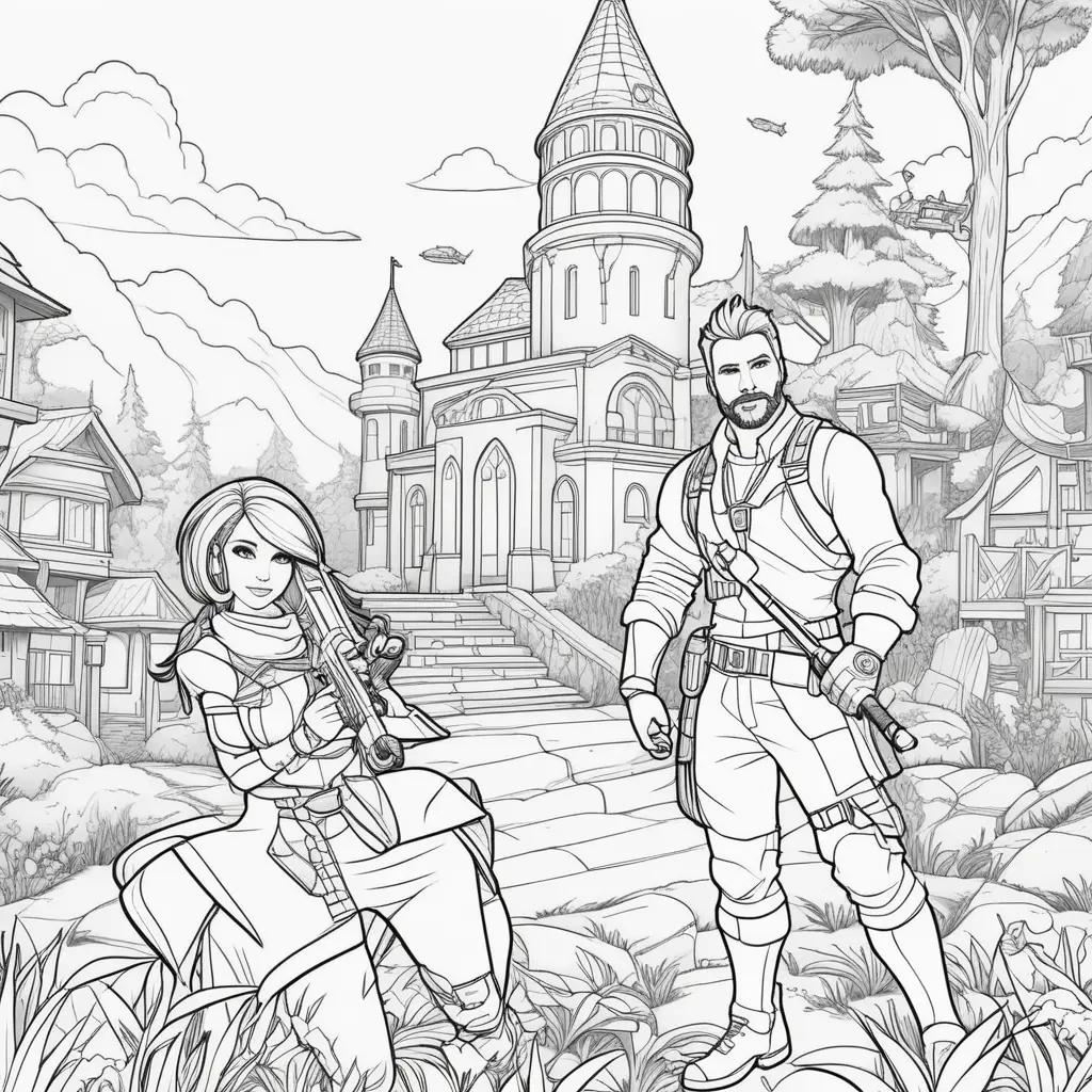 Fortnite Coloring Pages: Two people with guns in a castle