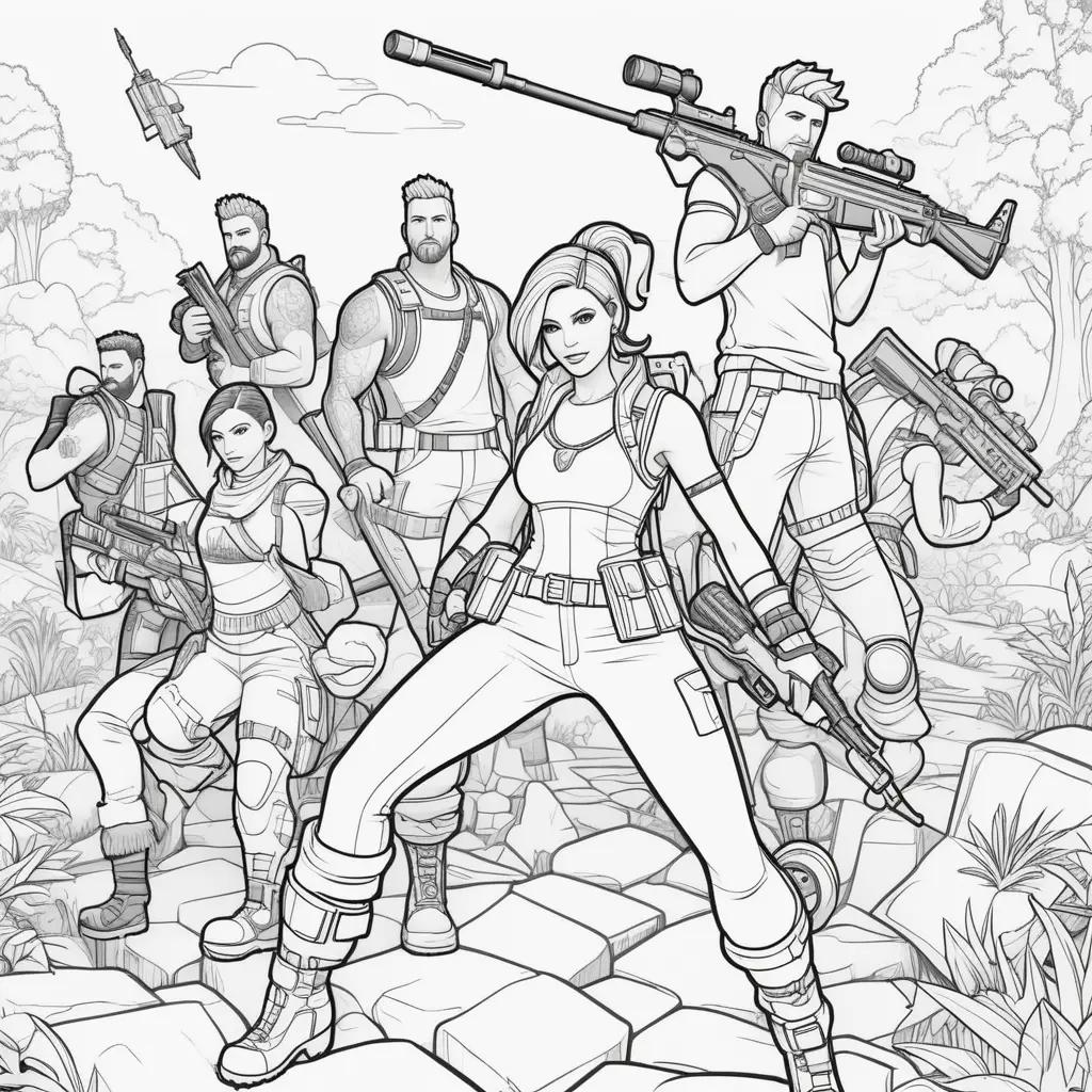 Fortnite coloring page featuring a group of soldiers