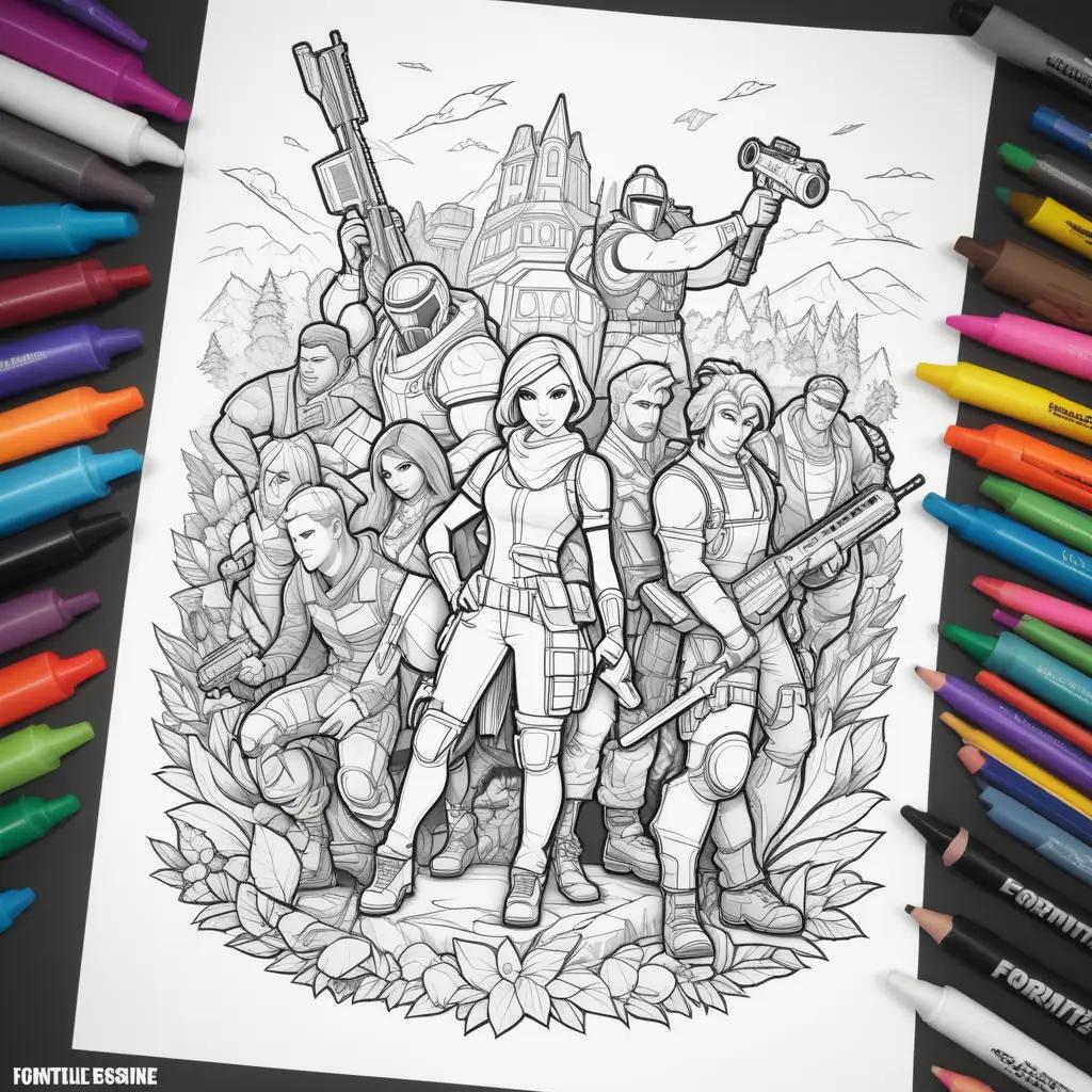 Fortnite coloring pages featuring a group of characters