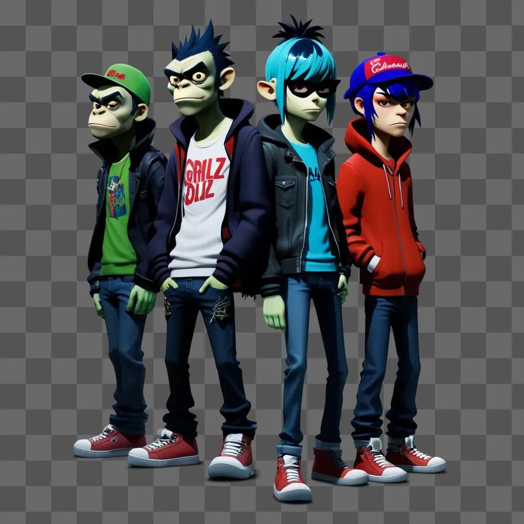 Four Gorillaz characters stand together on a dark background