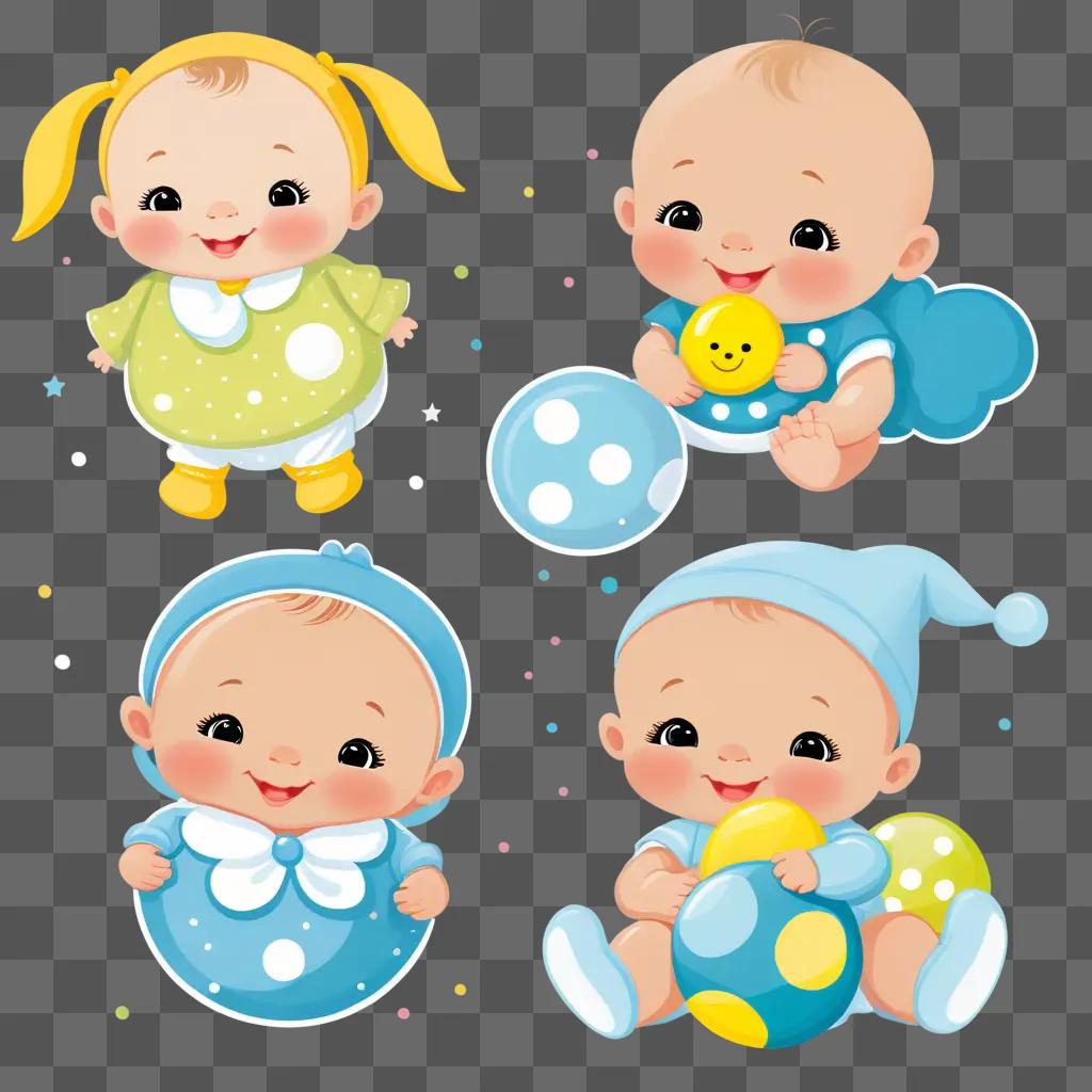 Four baby characters in colorful outfits and smiling faces