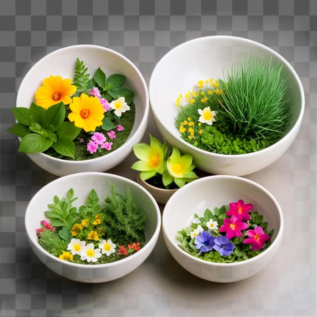 Four bowls filled with various flowers and greenery