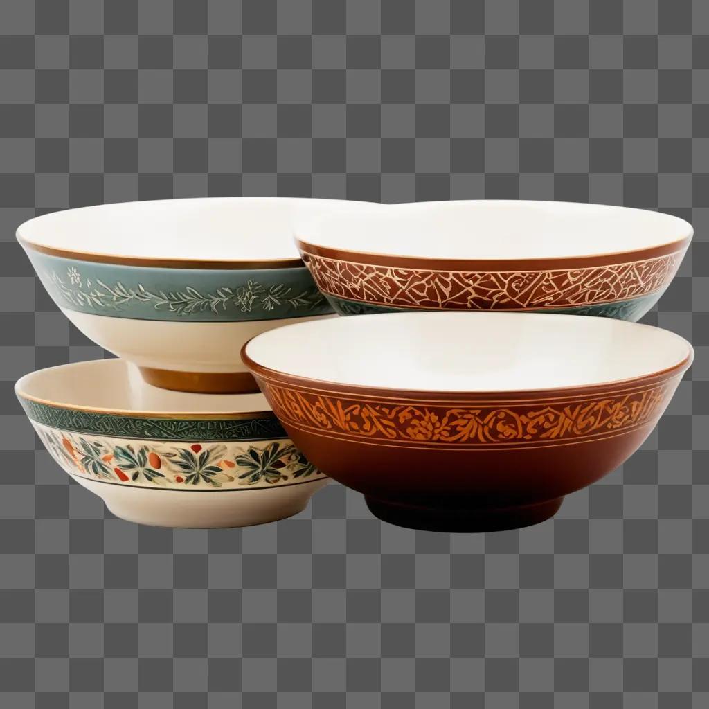 Four bowls stacked together with leafy designs