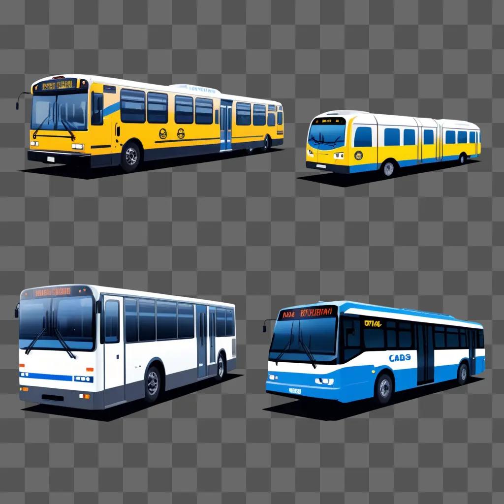 Four buses in different colors and sizes on a gray background