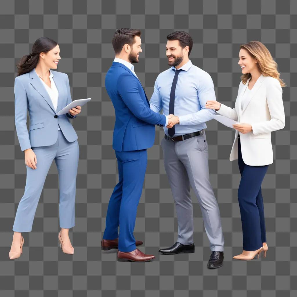 Four business people shake hands, creating a teamwork clipart image