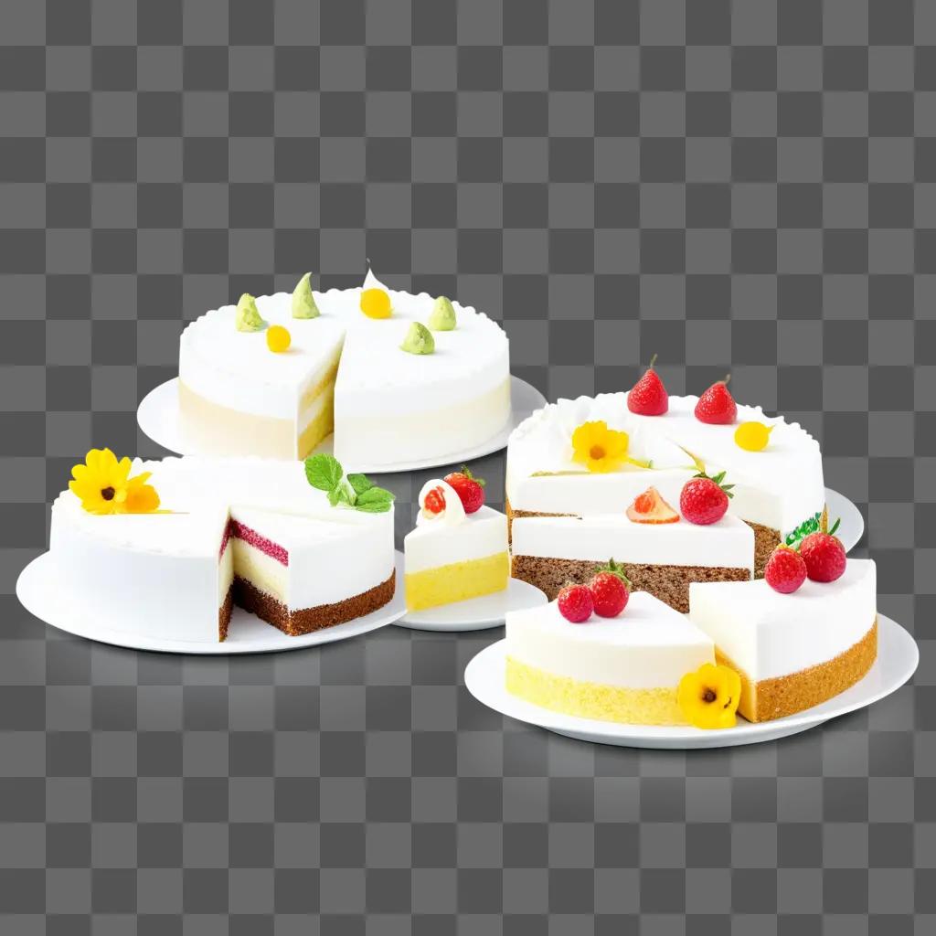 Four cakes with slices missing and strawberries on plates