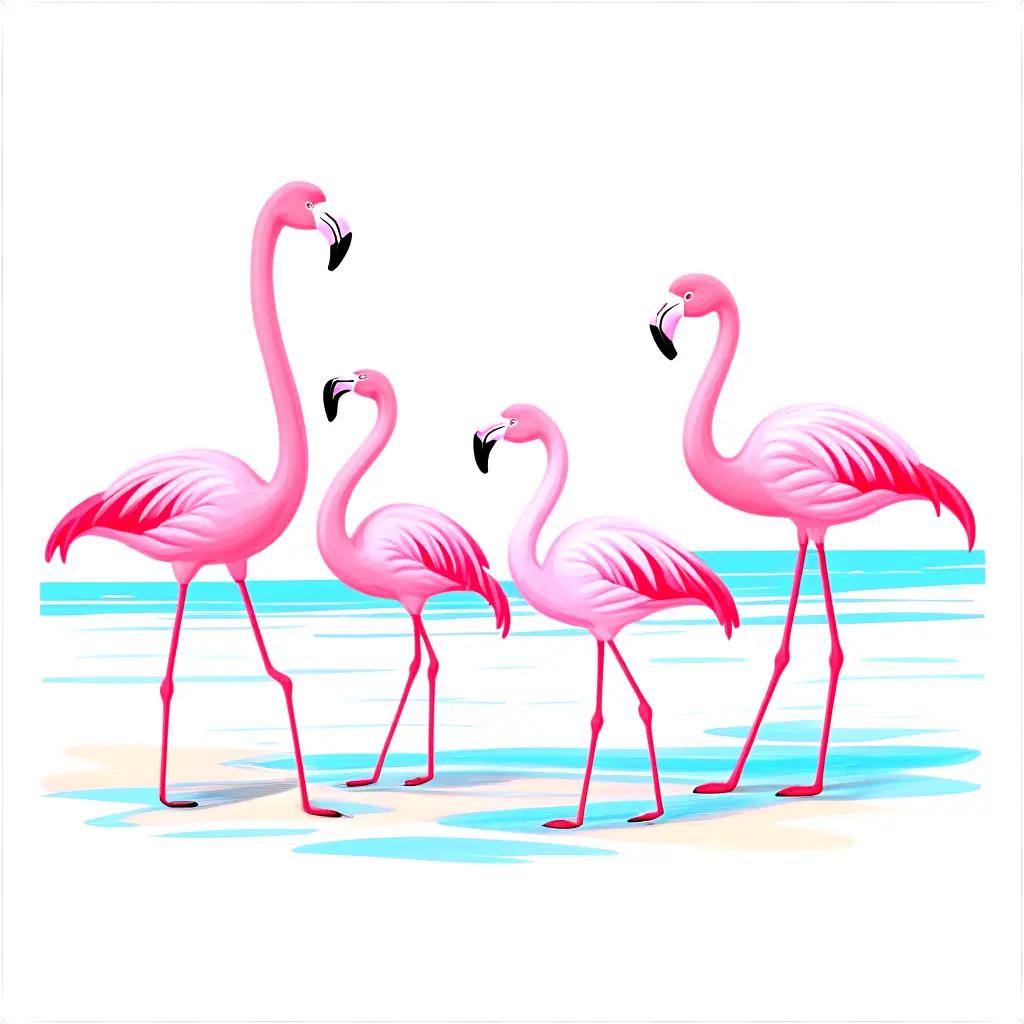 Four cartoon flamingos stand in a line by the water