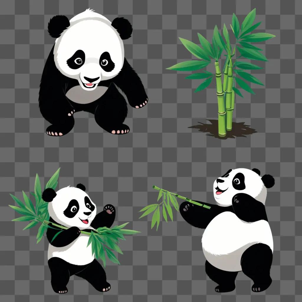 Four cartoon panda bears in different poses