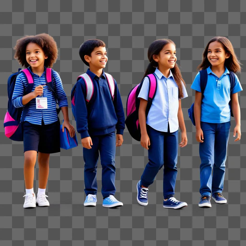 Four children with backpacks stand for a photo