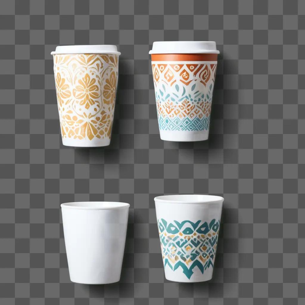 Four coffee cups with different designs on a wall