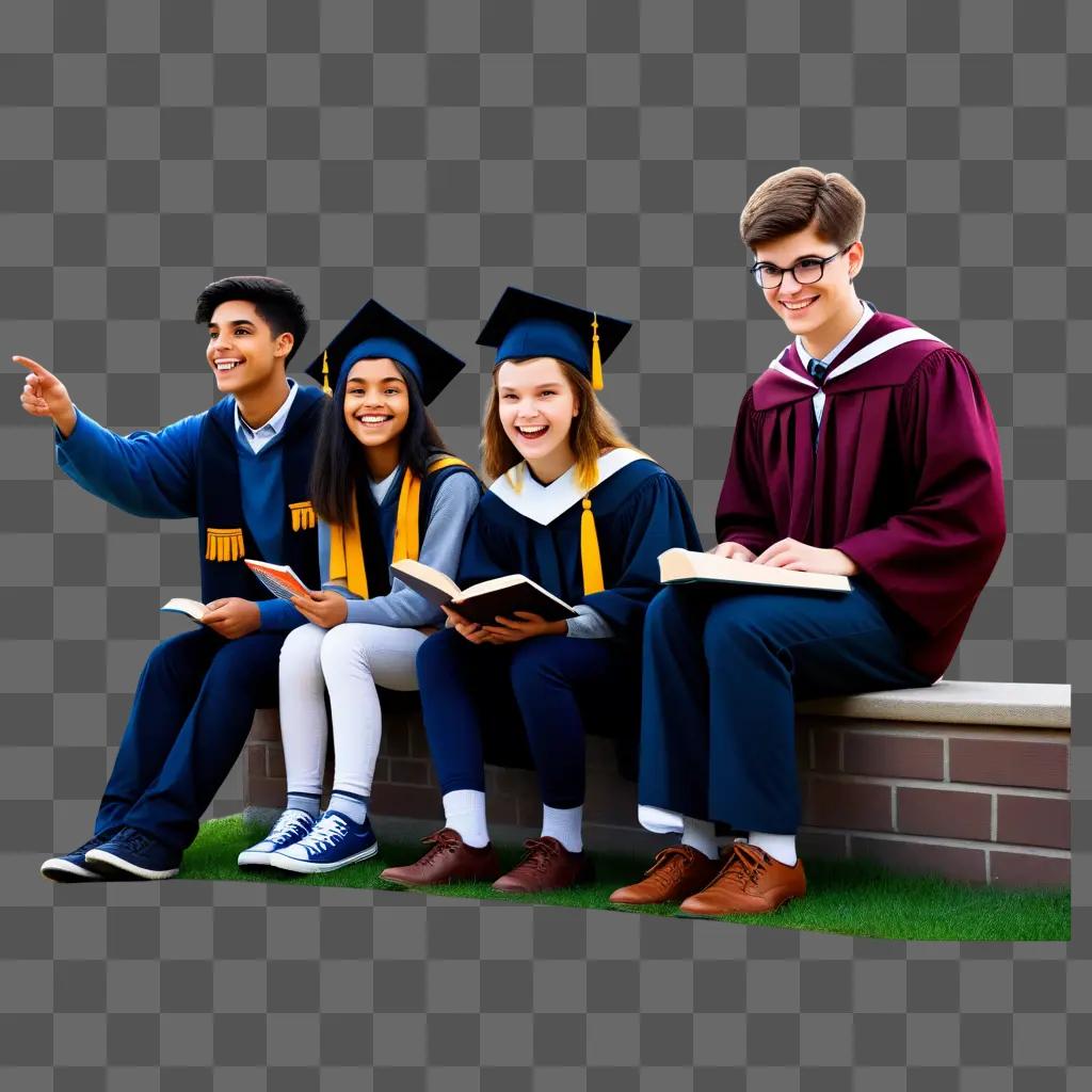 Four college students in graduation gowns