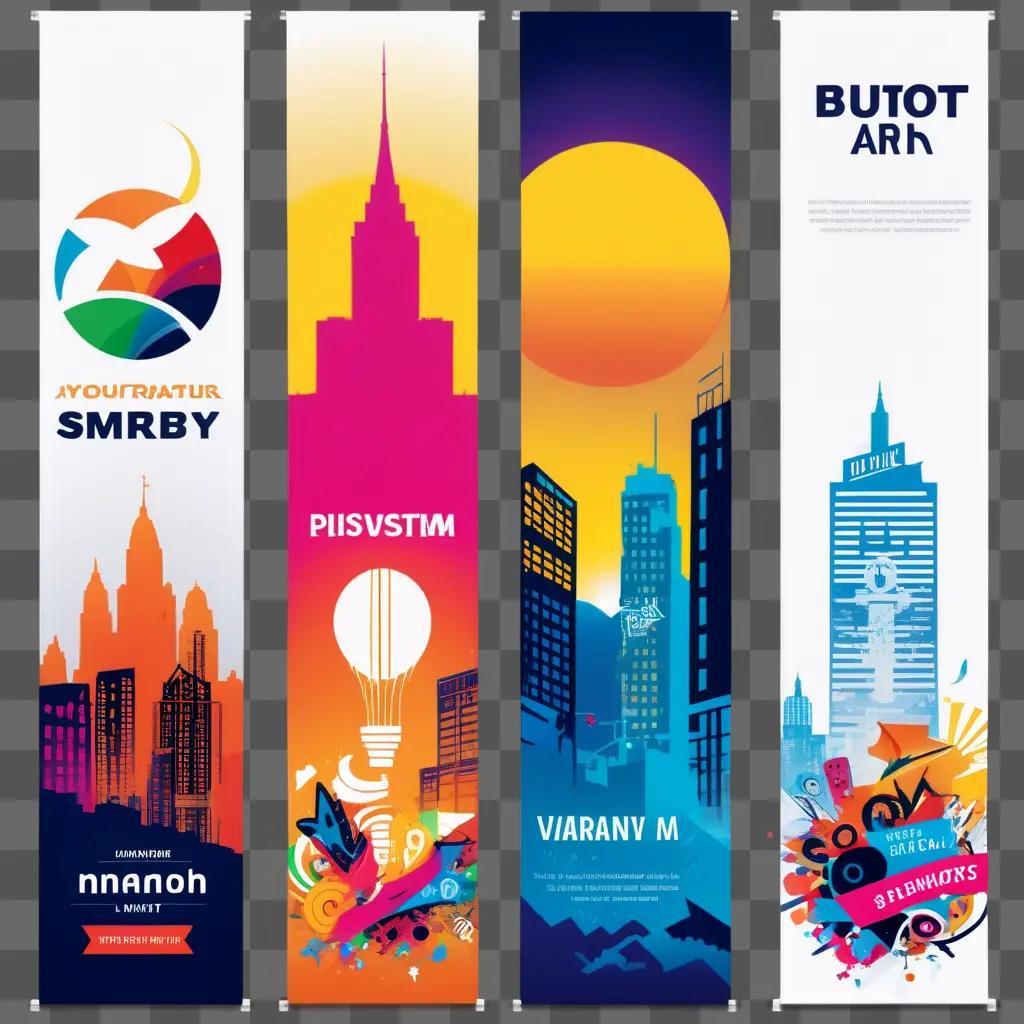 Four colorful banners on a building