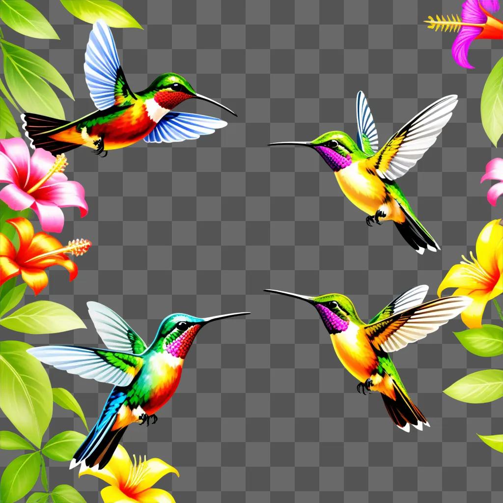 Four colorful hummingbirds with their wings spread