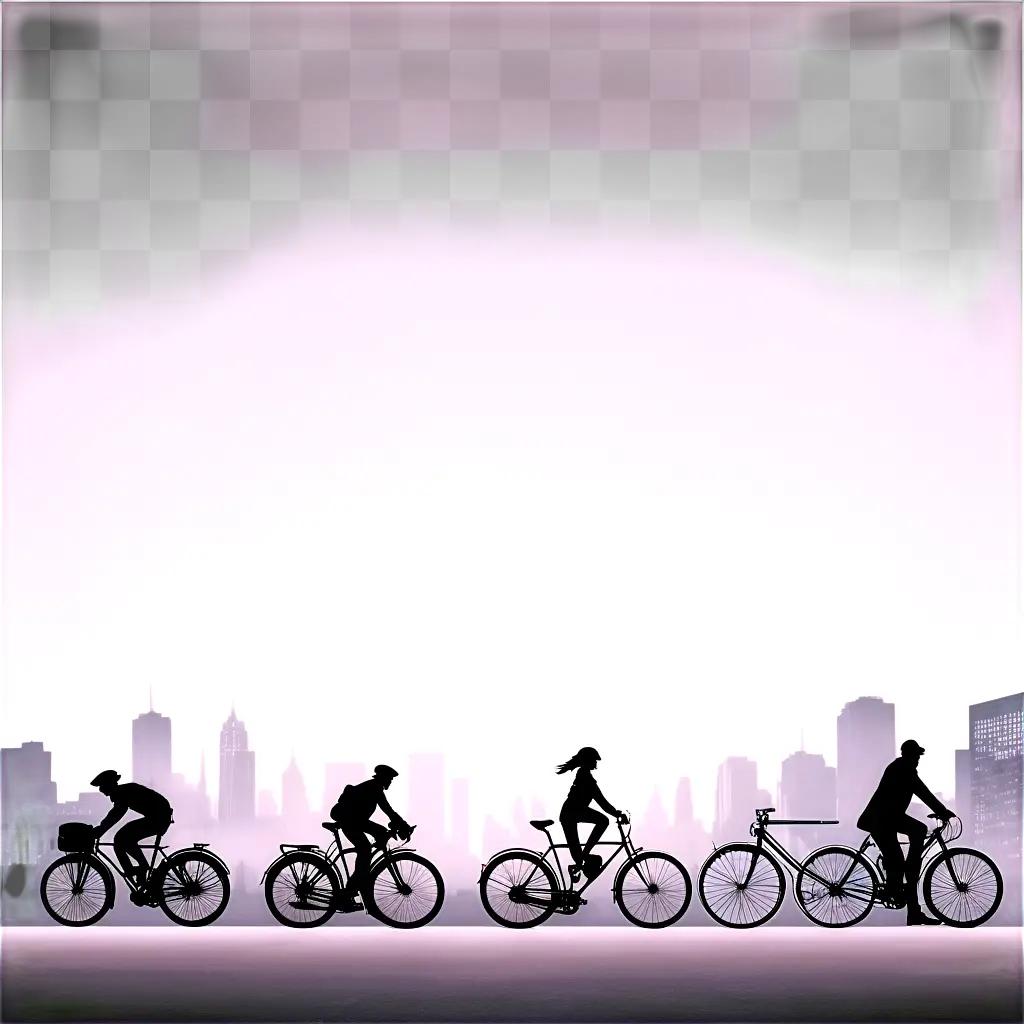 4人のサイクリストがシルエットで街並みを通り過ぎる