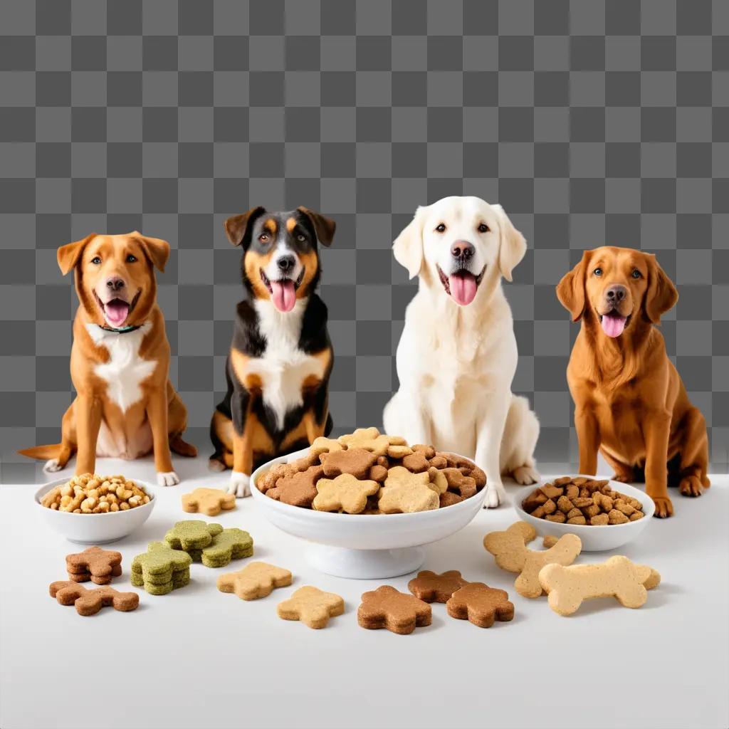 Four dogs sit on a brown table, with bowls of dog treats