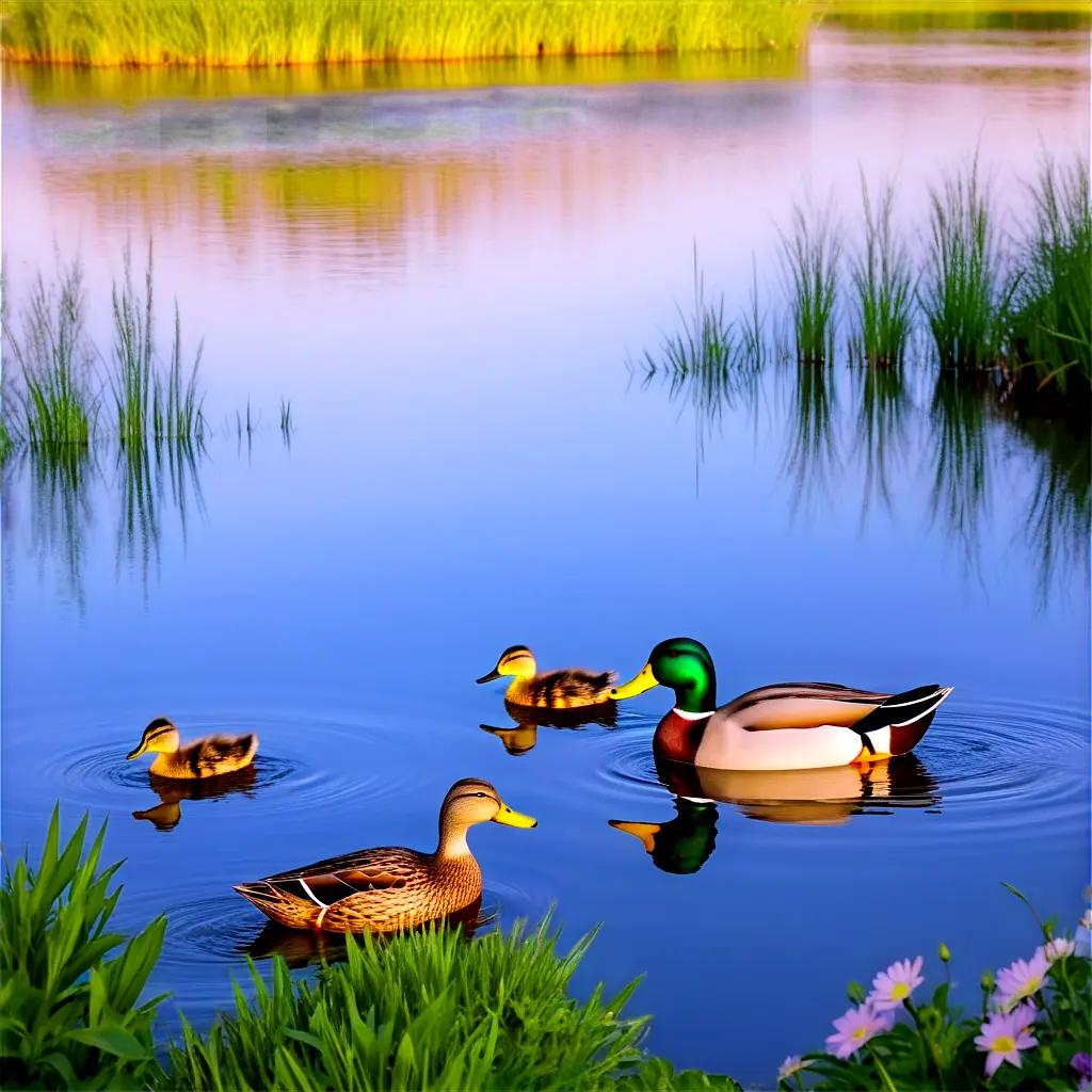 Four ducks in the pond with lilies