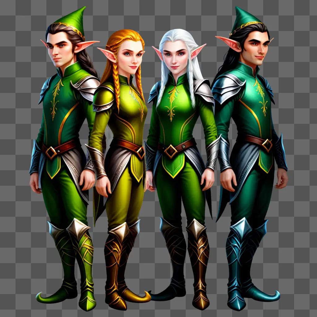 Four elves in green outfits pose for a picture