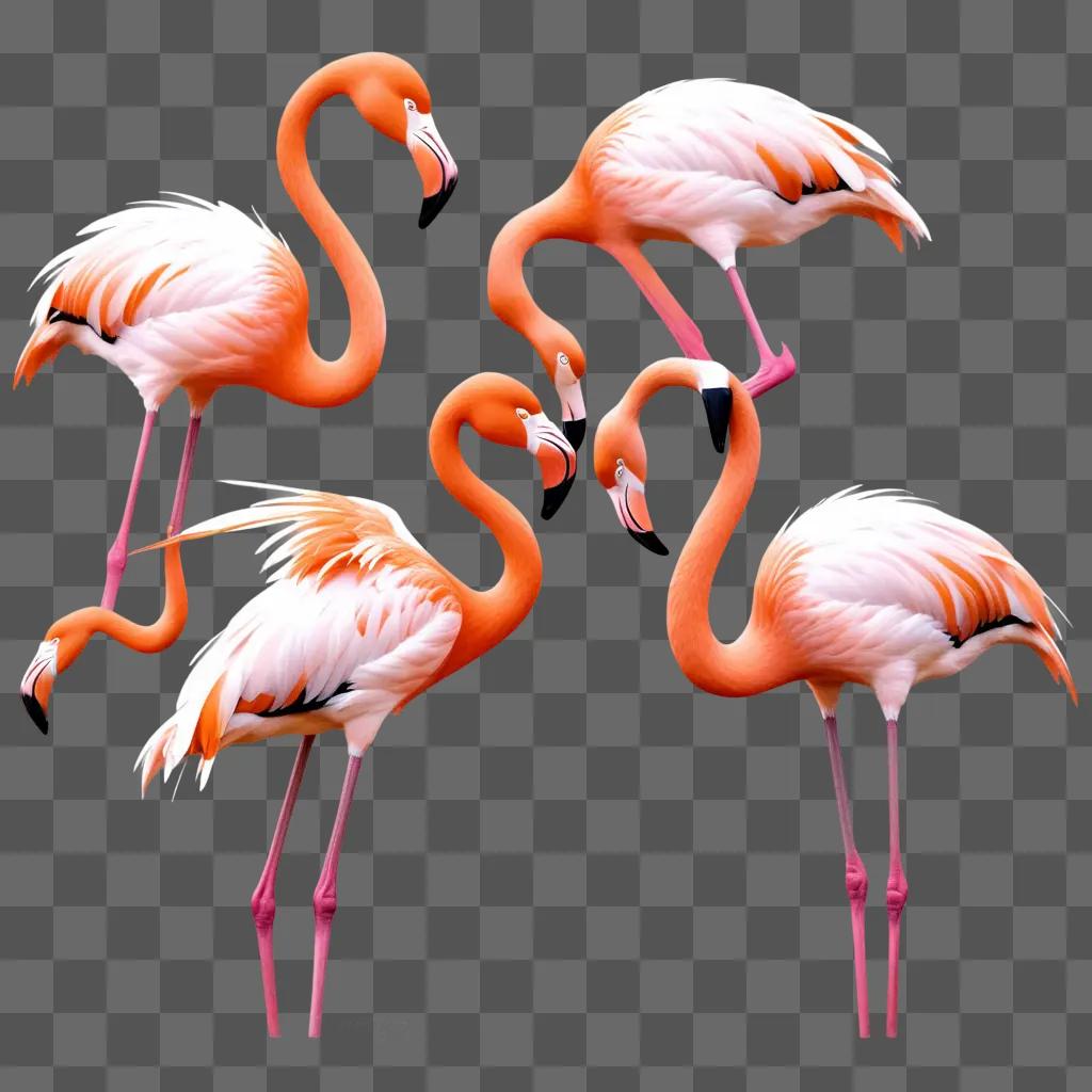 Four flamingos are standing in a pink background