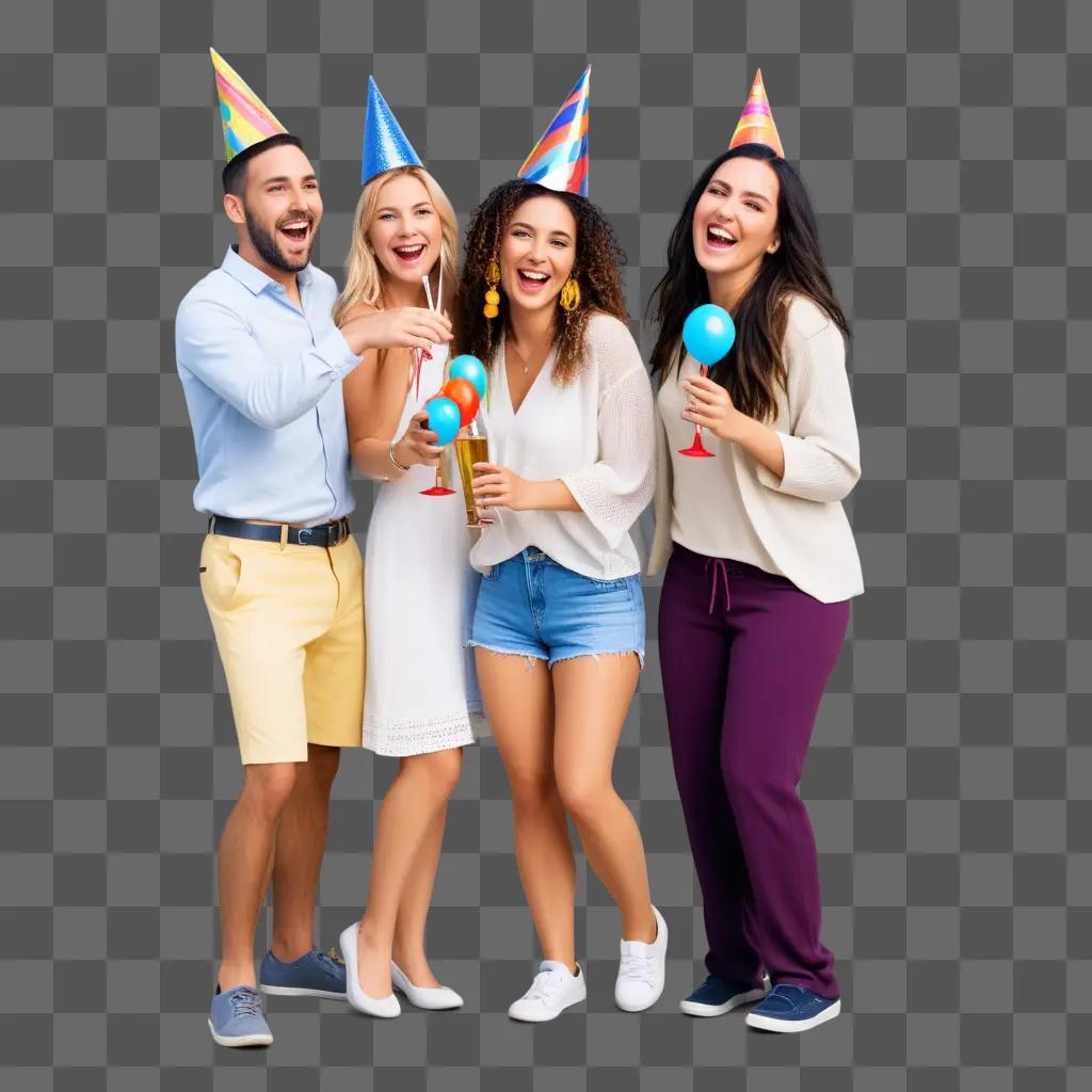 Four friends celebrate with party hats and balloons