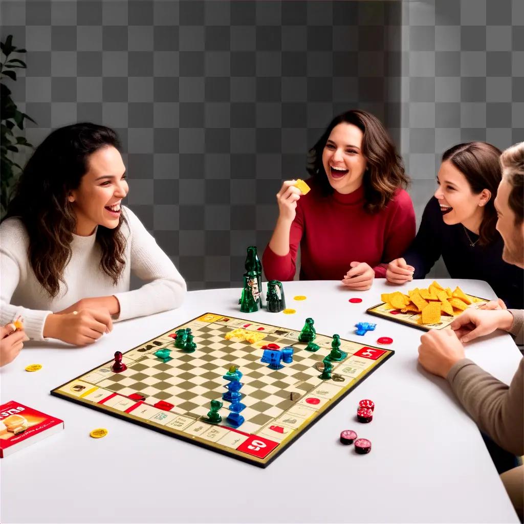 Four friends enjoy a game of chess and chips