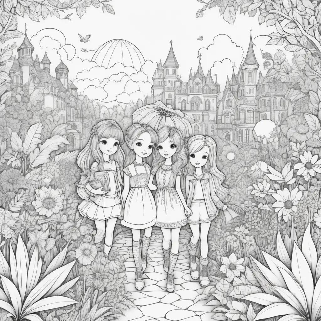 Four friends in a fantasy world with castle and flowers