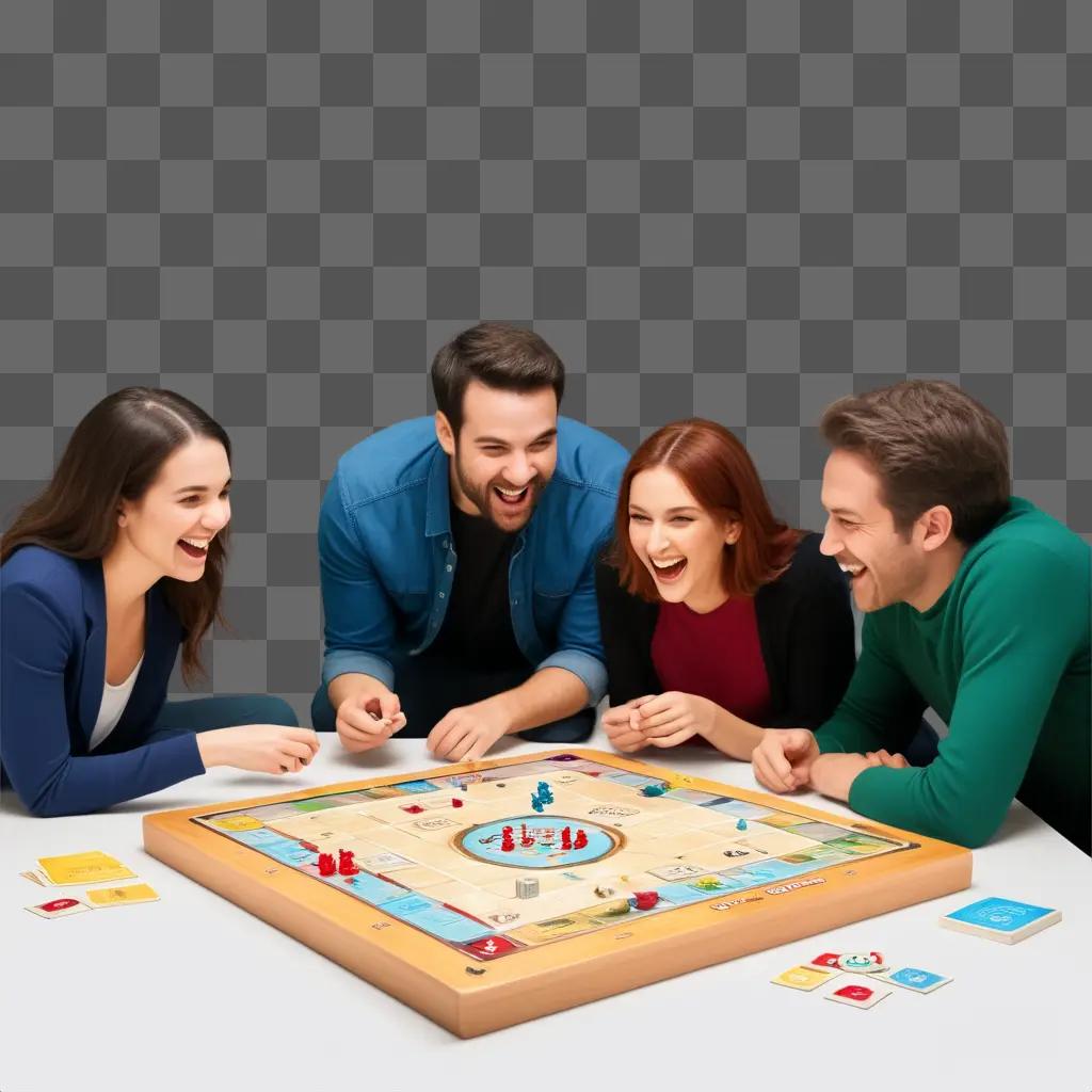 Four friends laughing while playing a board game