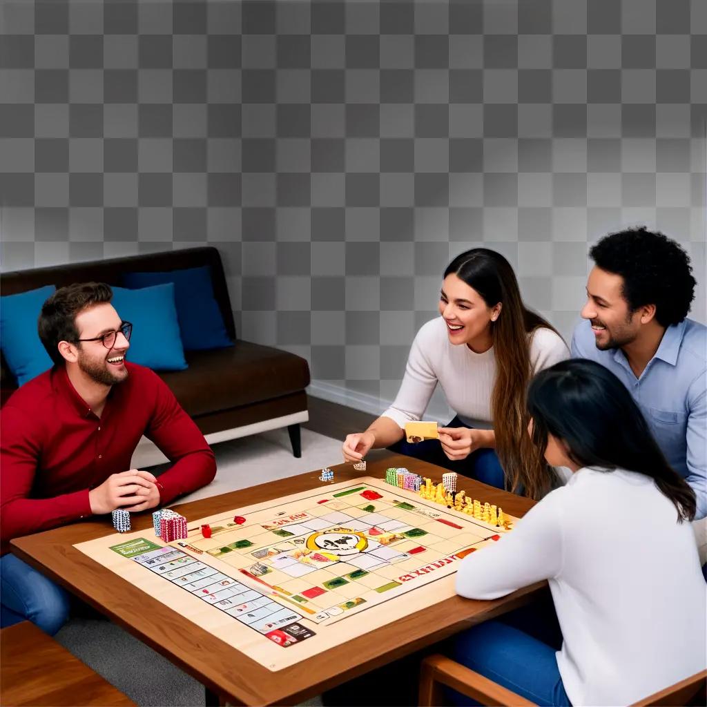 Four friends play a board game in a cozy setting