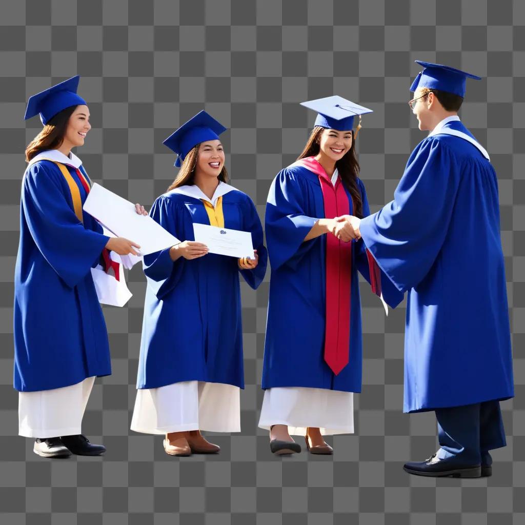 Four graduates shake hands in graduation caps