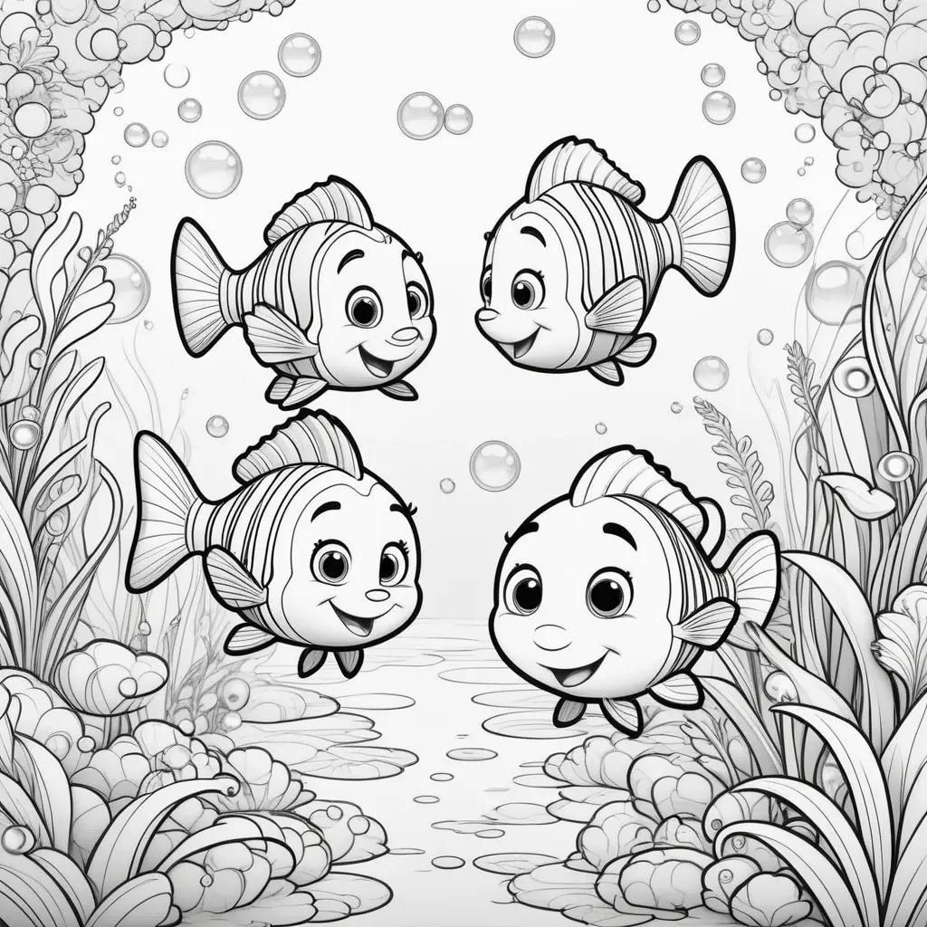 Four guppies swim in a bubble filled sea