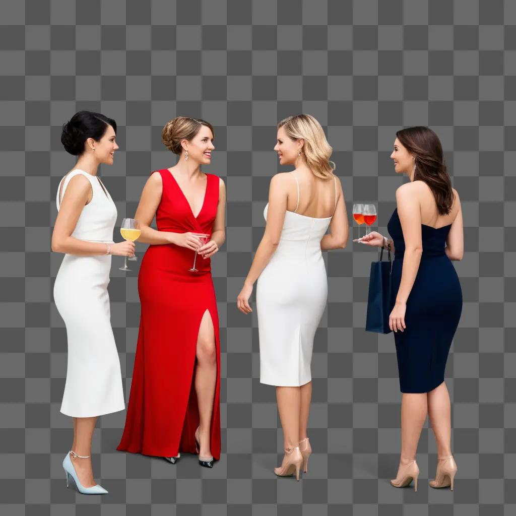 Four ladies in dresses enjoying drinks